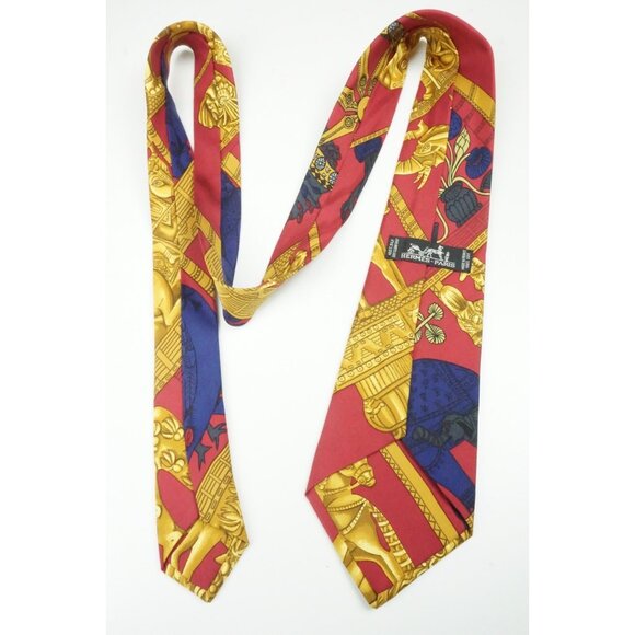 Hermes Bright Multicolor Gold Figure Royal Print Silk Scarf  Hermes Bright Multicolor Figurines Print Silk Scarf Tie Made in France